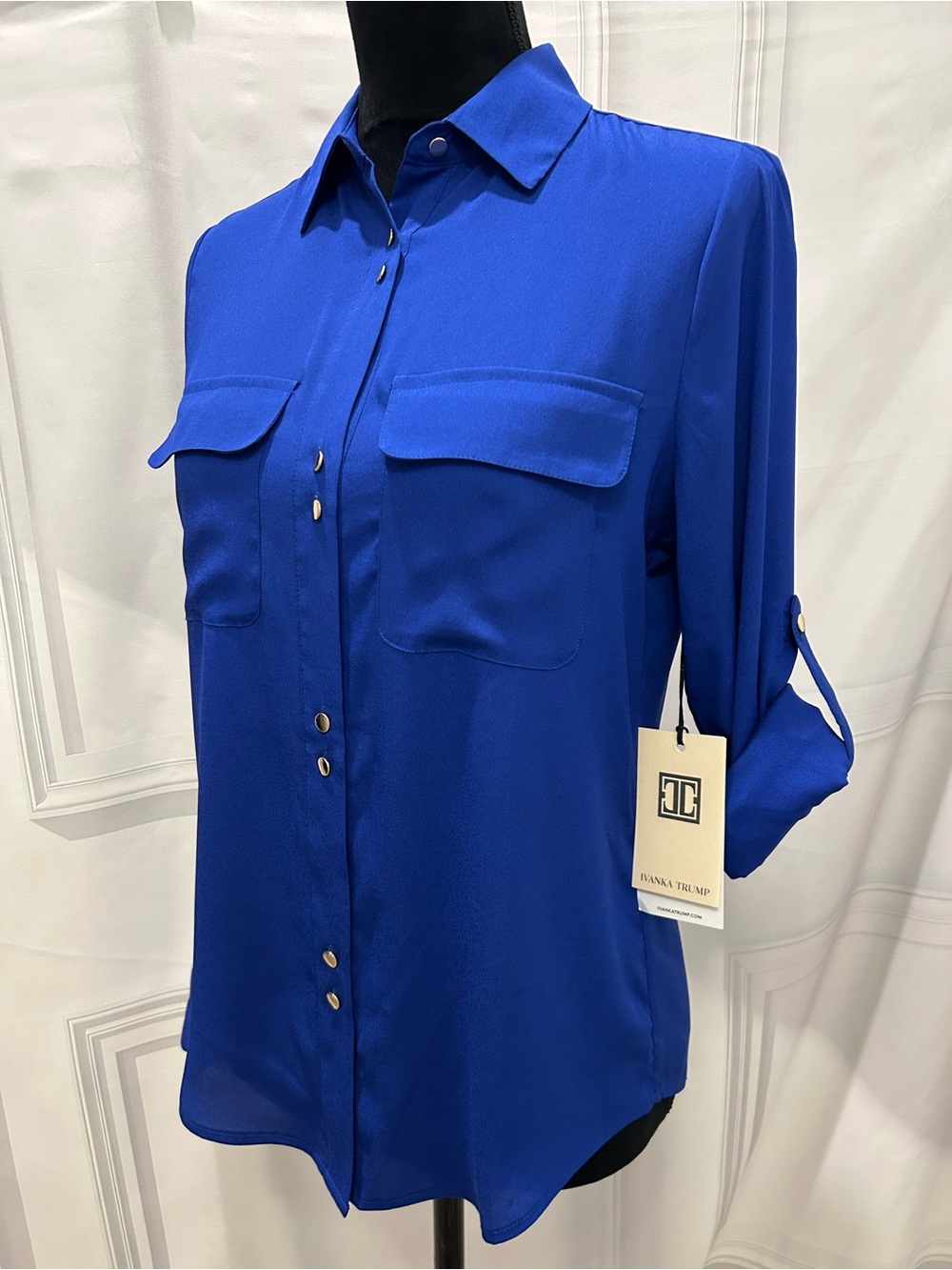 NWT Ivanka Trump Women’s Vivid Royal Blue Long-Sleeve Button-Front Shirt XS